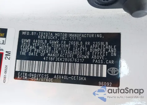 2011 Toyota Camry Se из США, поврежденный, VIN 4T1BF3EK2BU676217